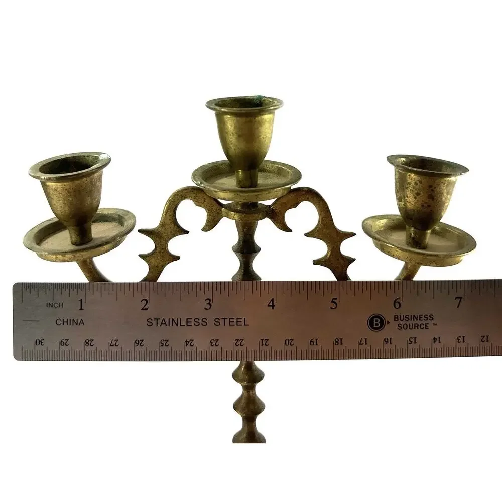 Vintage Brass 3 Arm Candelabra Candlestick Holder Gothic Spanish Colonial 7.5”